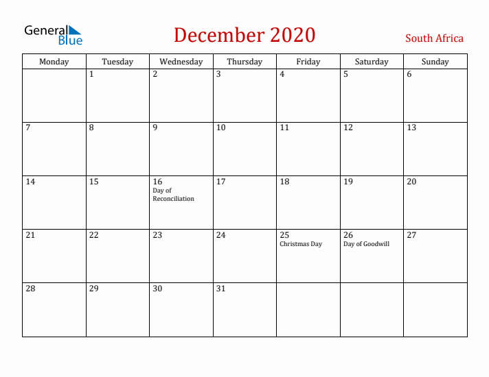 South Africa December 2020 Calendar - Monday Start