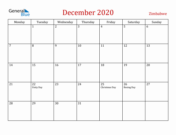 Zimbabwe December 2020 Calendar - Monday Start