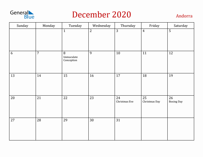Andorra December 2020 Calendar - Sunday Start