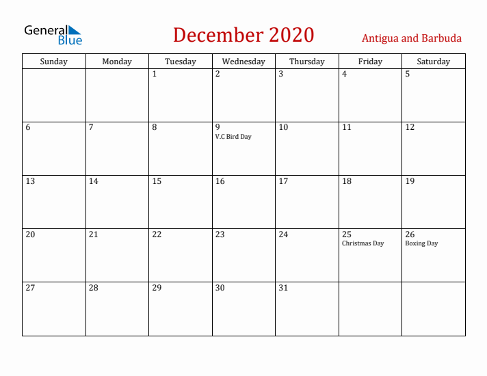 Antigua and Barbuda December 2020 Calendar - Sunday Start