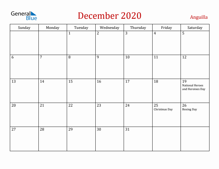 Anguilla December 2020 Calendar - Sunday Start