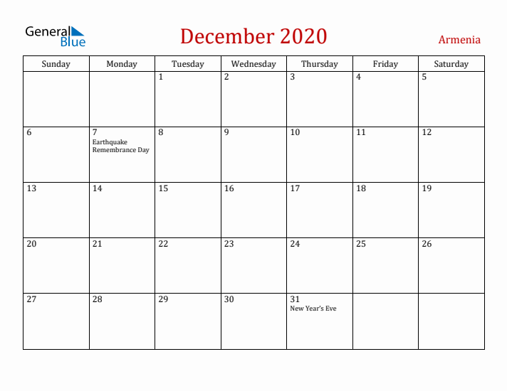 Armenia December 2020 Calendar - Sunday Start