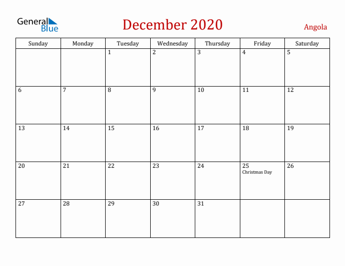 Angola December 2020 Calendar - Sunday Start