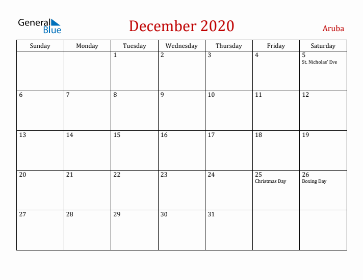 Aruba December 2020 Calendar - Sunday Start