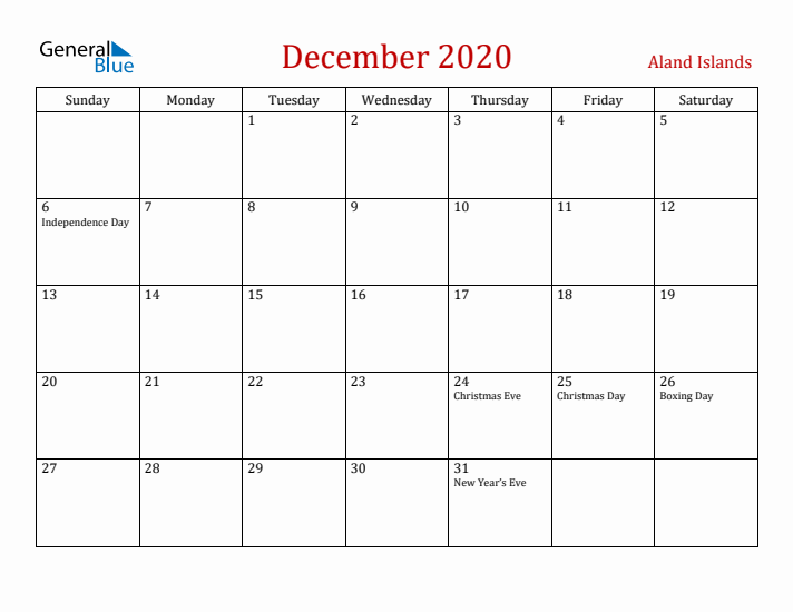 Aland Islands December 2020 Calendar - Sunday Start