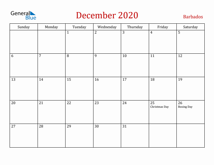Barbados December 2020 Calendar - Sunday Start