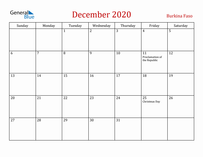 Burkina Faso December 2020 Calendar - Sunday Start