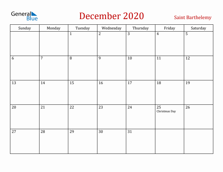 Saint Barthelemy December 2020 Calendar - Sunday Start