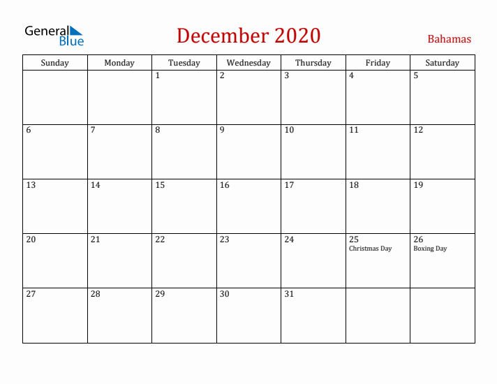 Bahamas December 2020 Calendar - Sunday Start