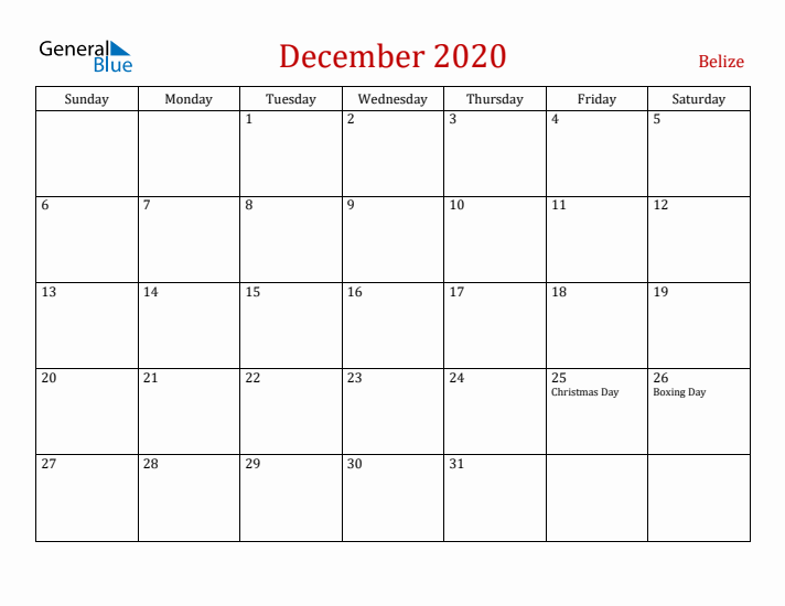 Belize December 2020 Calendar - Sunday Start