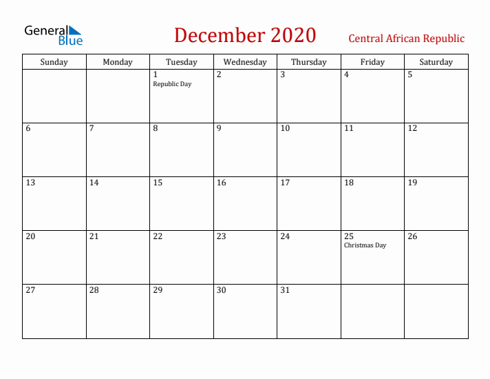 Central African Republic December 2020 Calendar - Sunday Start