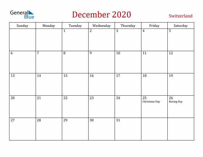 Switzerland December 2020 Calendar - Sunday Start