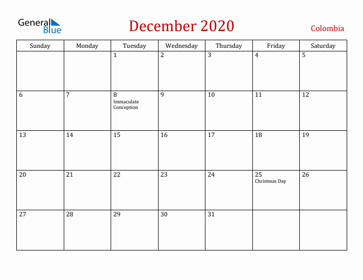 Colombia December 2020 Calendar - Sunday Start