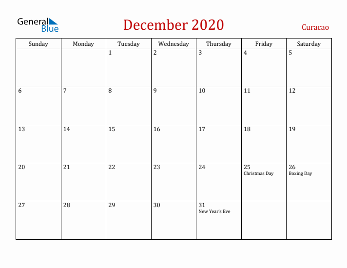 Curacao December 2020 Calendar - Sunday Start