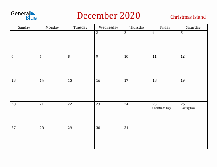 Christmas Island December 2020 Calendar - Sunday Start