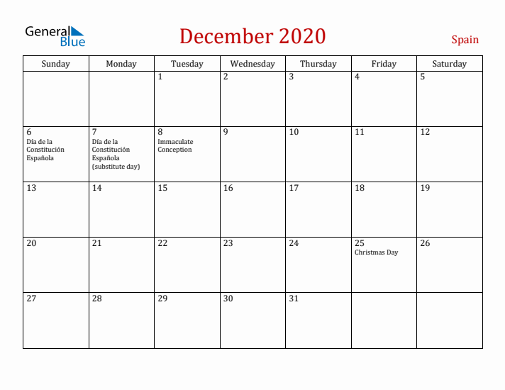 Spain December 2020 Calendar - Sunday Start