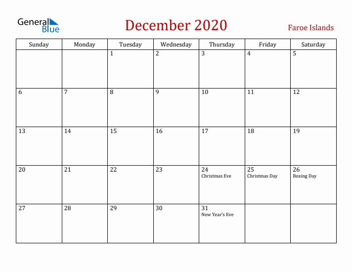 Faroe Islands December 2020 Calendar - Sunday Start