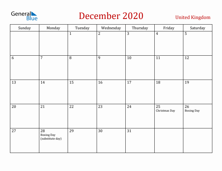United Kingdom December 2020 Calendar - Sunday Start