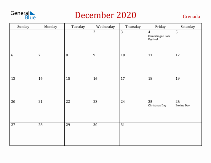 Grenada December 2020 Calendar - Sunday Start