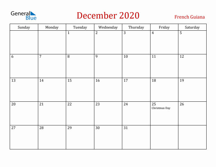 French Guiana December 2020 Calendar - Sunday Start