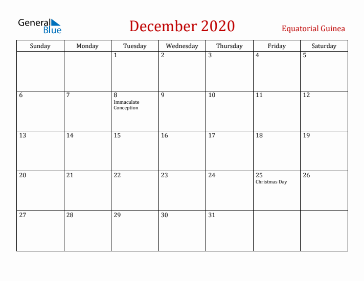 Equatorial Guinea December 2020 Calendar - Sunday Start