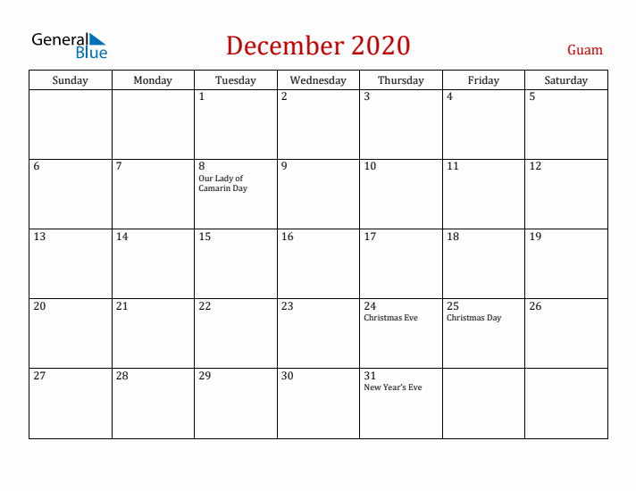 Guam December 2020 Calendar - Sunday Start