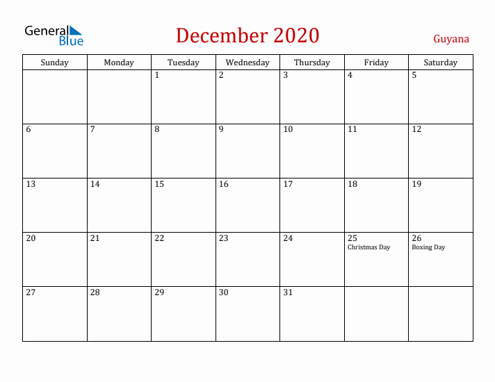 Guyana December 2020 Calendar - Sunday Start