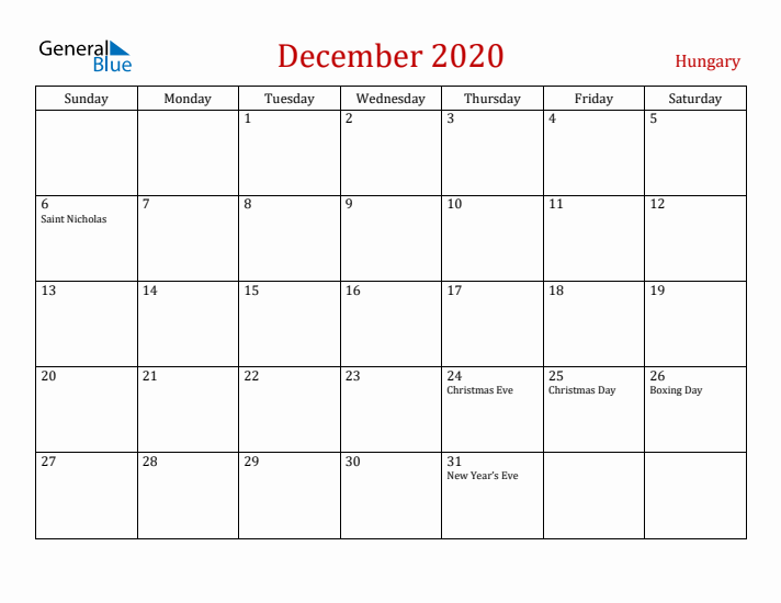 Hungary December 2020 Calendar - Sunday Start