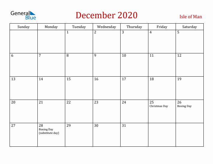 Isle of Man December 2020 Calendar - Sunday Start