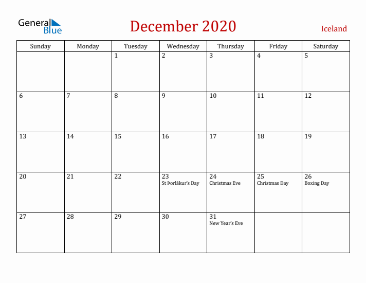 Iceland December 2020 Calendar - Sunday Start