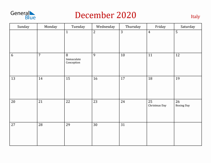 Italy December 2020 Calendar - Sunday Start