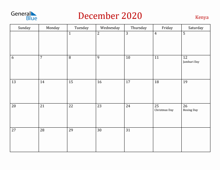 Kenya December 2020 Calendar - Sunday Start