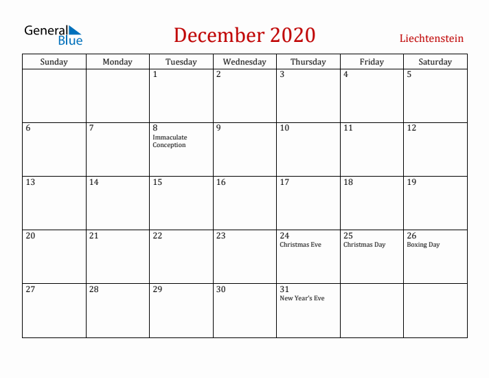 Liechtenstein December 2020 Calendar - Sunday Start
