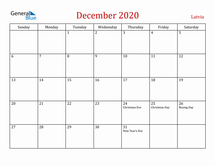 Latvia December 2020 Calendar - Sunday Start