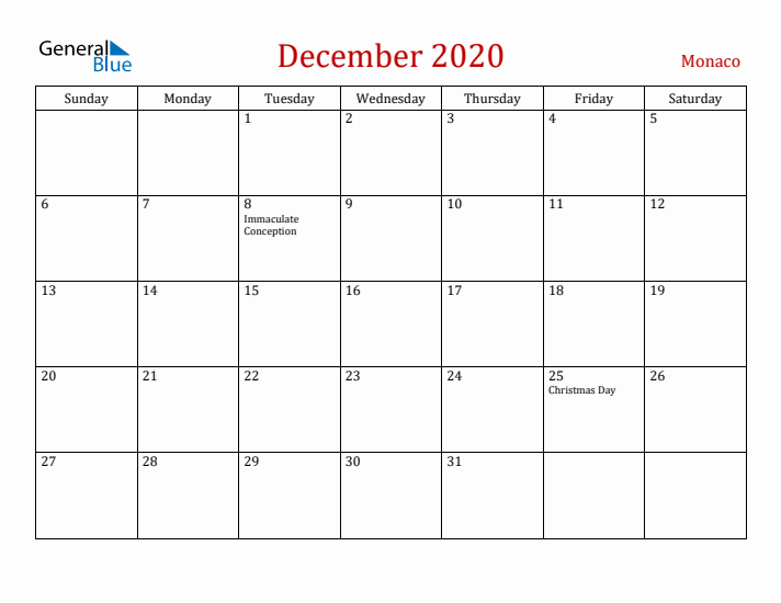Monaco December 2020 Calendar - Sunday Start