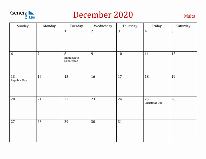 Malta December 2020 Calendar - Sunday Start