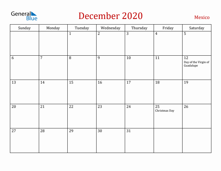Mexico December 2020 Calendar - Sunday Start