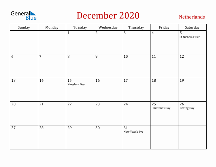 The Netherlands December 2020 Calendar - Sunday Start