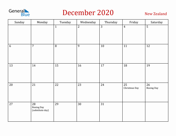 New Zealand December 2020 Calendar - Sunday Start