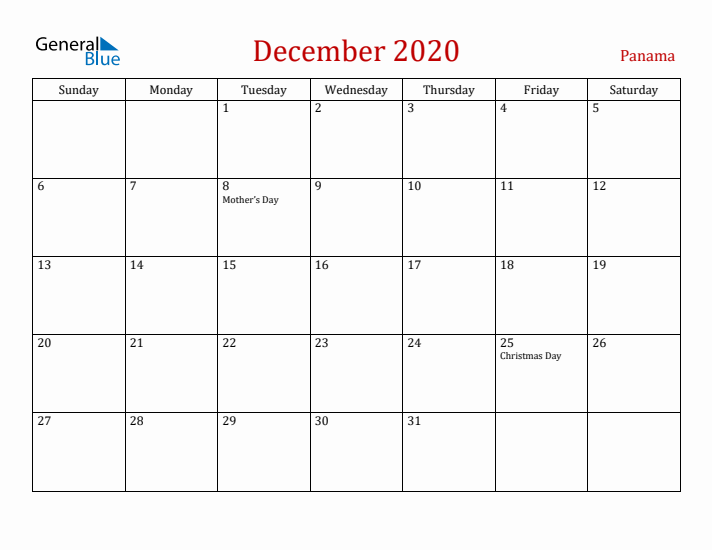 Panama December 2020 Calendar - Sunday Start