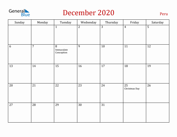 Peru December 2020 Calendar - Sunday Start