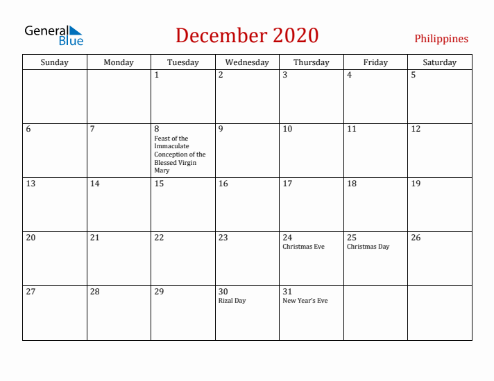 Philippines December 2020 Calendar - Sunday Start
