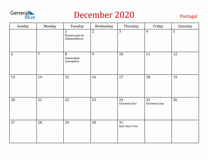 Portugal December 2020 Calendar - Sunday Start