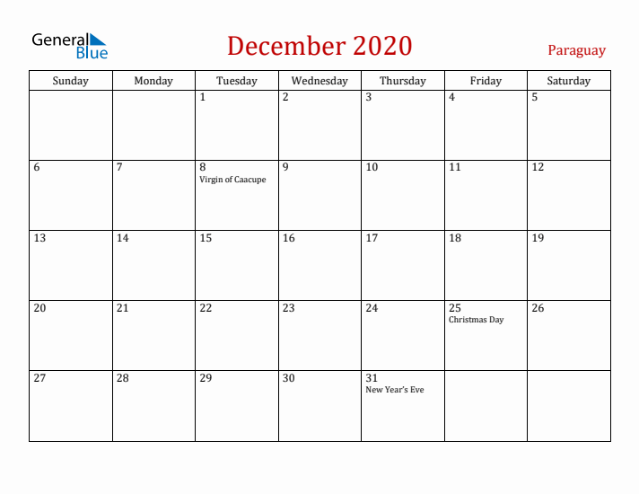Paraguay December 2020 Calendar - Sunday Start