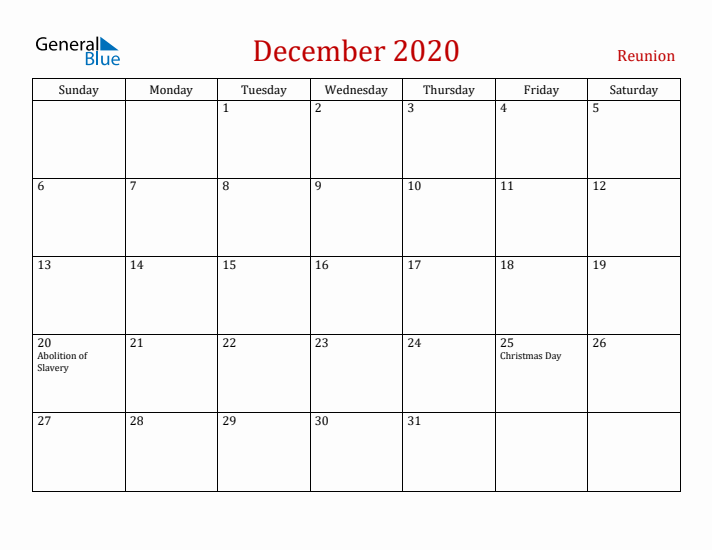 Reunion December 2020 Calendar - Sunday Start