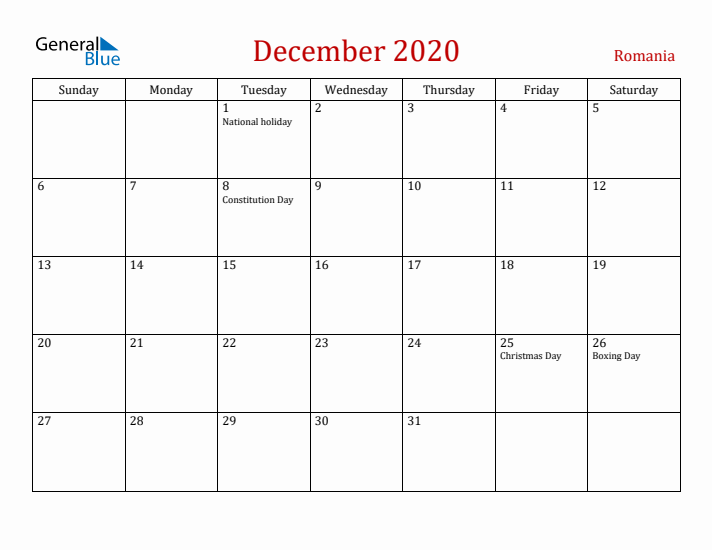 Romania December 2020 Calendar - Sunday Start