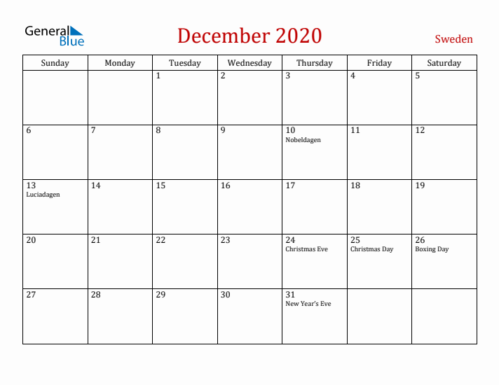 Sweden December 2020 Calendar - Sunday Start