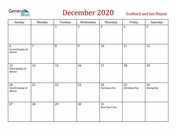 Svalbard and Jan Mayen December 2020 Calendar - Sunday Start