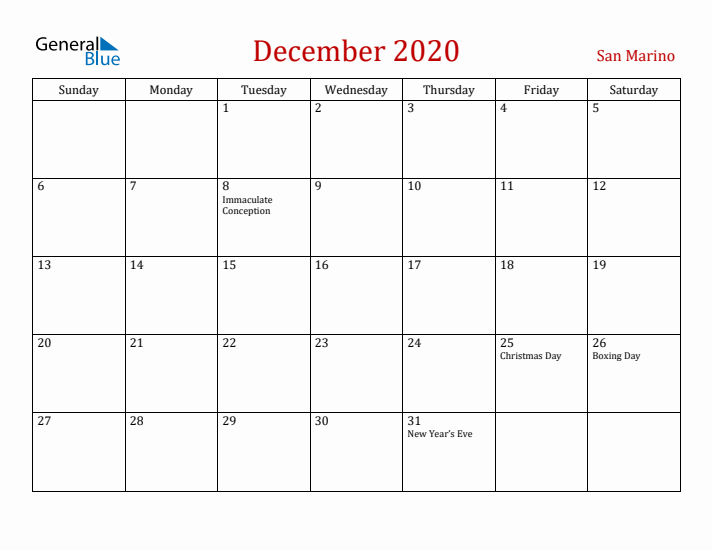 San Marino December 2020 Calendar - Sunday Start