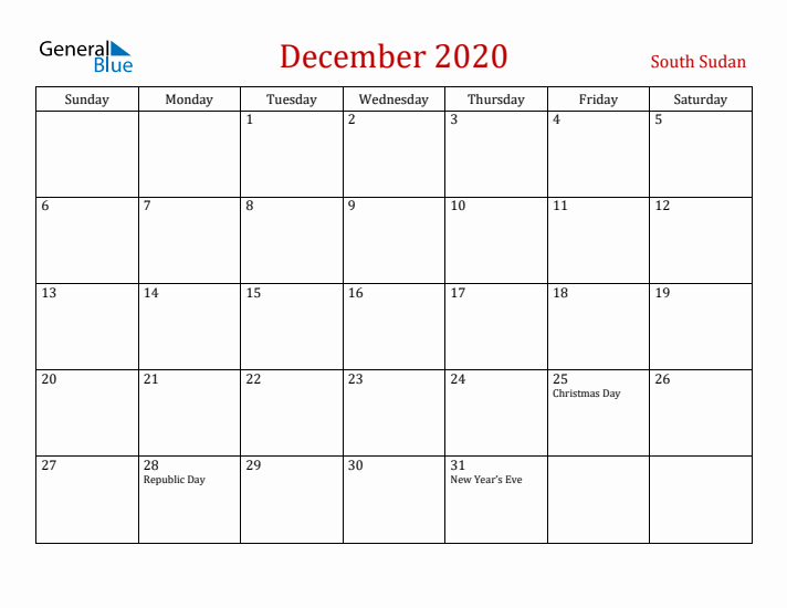 South Sudan December 2020 Calendar - Sunday Start